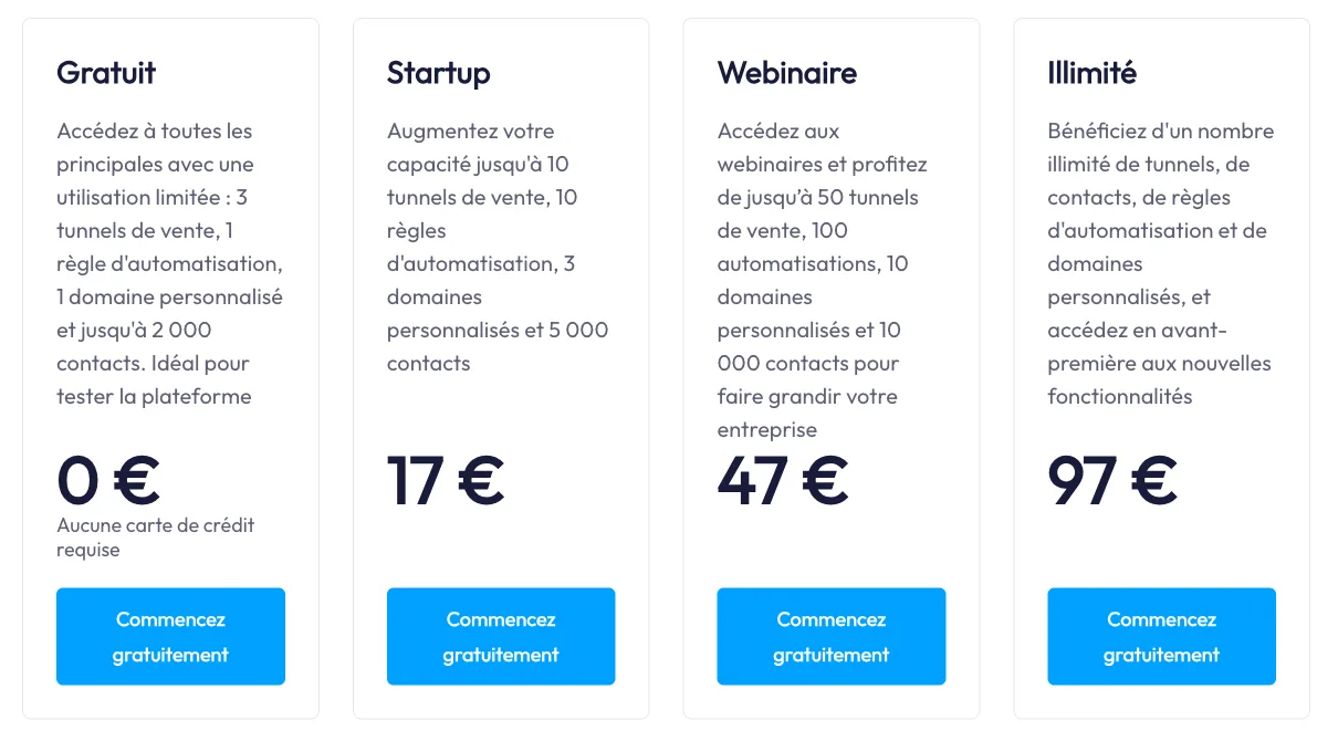 Page tarifs de Systeme.io : forfaits Gratuit à 0 €, Startup à 17 €, Webinaire à 47 € et Illimité à 97 € par mois