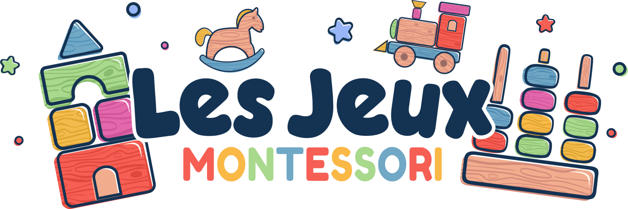 Logo coloré comportant des blocs de construction, un cheval à bascule, un train jouet et le texte « Les Jeux Montessori », rappelant un kit ludique par défaut.