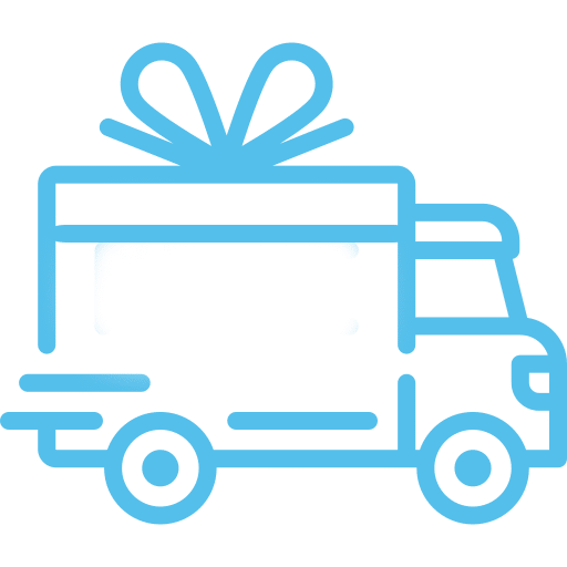 Un cadeau Montessori emballé dans un nœud livré par un camion bleu.