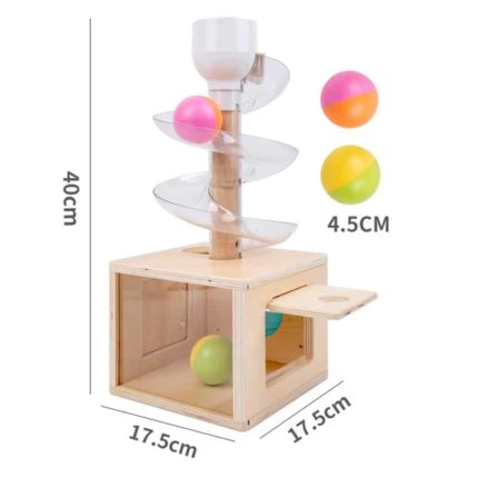 A Boite en Bois Toboggan Permanence d'Objets 3 Sorties avec boules et toboggan à l'intérieur.