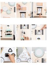 Une série de photos montrant comment fabriquer une voiture jouet en bois Trotteur pousseur bébé - multi-activités - Couleurs pastel.