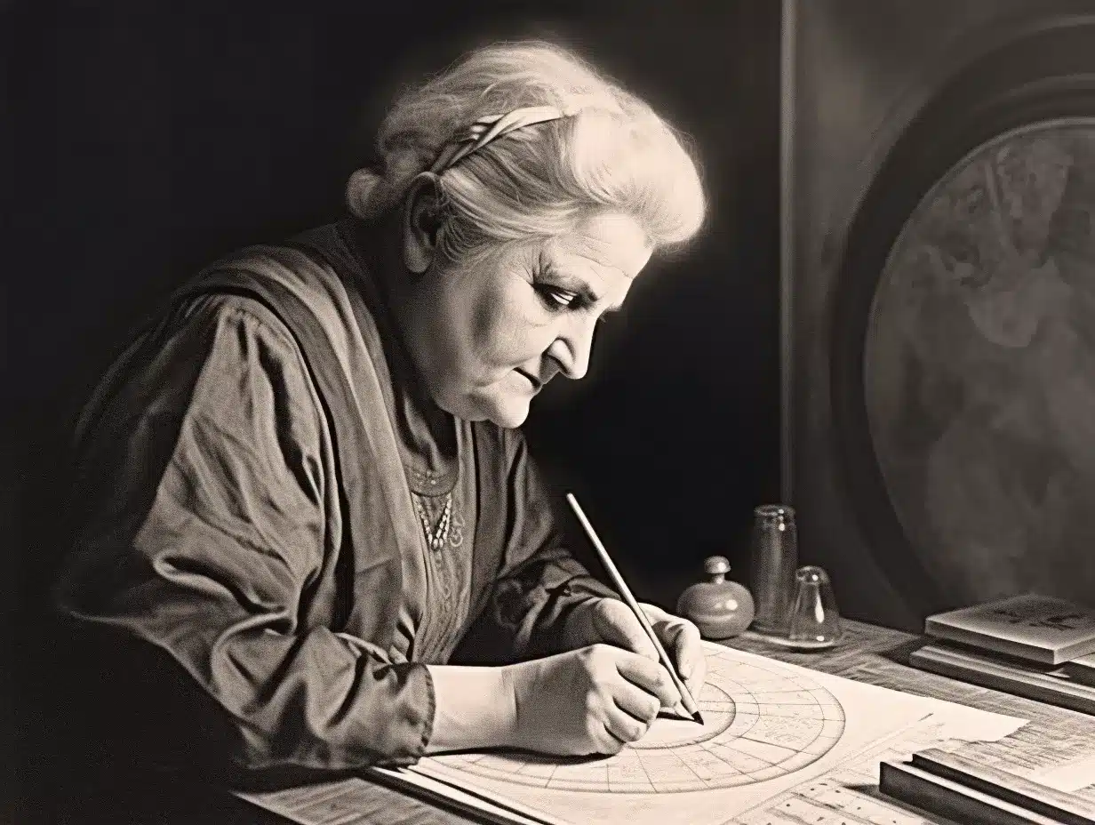 Une photo en noir et blanc inspirante de Maria Montessori écrivant à un bureau.