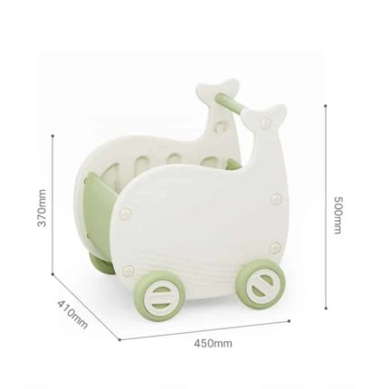 Un Chariot Marche Bébé - Baleine vert et blanc avec mesures.