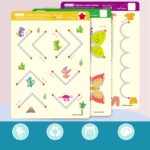 Un ensemble de fiches d'activités avec des animaux et des dinosaures dessus, Livre d'Entrainement Suivi de Trajectoire.