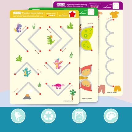 Un ensemble de fiches d'activités avec des animaux et des dinosaures dessus, Livre d'Entrainement Suivi de Trajectoire.