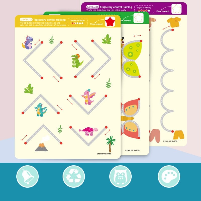 Un ensemble de fiches d'activités avec des animaux et des dinosaures dessus, Livre d'Entrainement Suivi de Trajectoire.