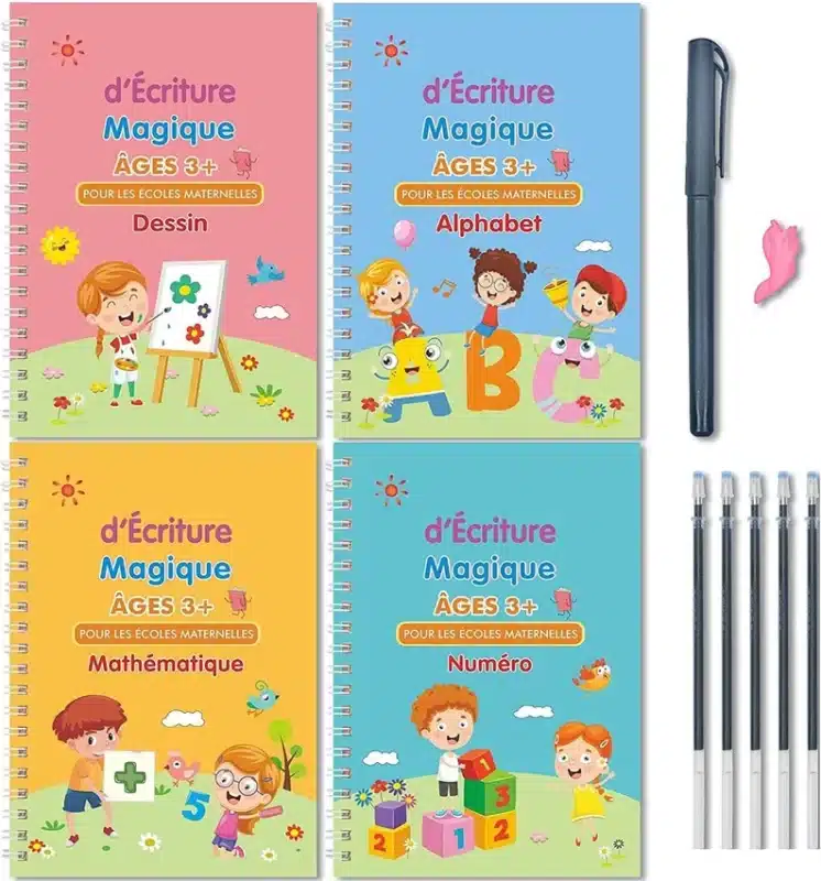 Un coffret de cahiers Améliorez l'écriture de vos enfants en 10 jours pour enfants avec stylos et crayons. Offert : 1 Stylo + 1 Grip + 5 Recharges d'Encre Magique.