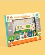 Une boîte avec un ensemble de pièces en bois et une photo d'un camion poubelle.