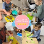 Quatre enfants utilisent le kit Couteaux Enfant - Kit de Cuisine Montessori 13 pièces pour couper fruits et légumes sur des planches. Un badge affiche centrale "Plus de 20 000 parents satisfaits" avec cinq étoiles brillantes.