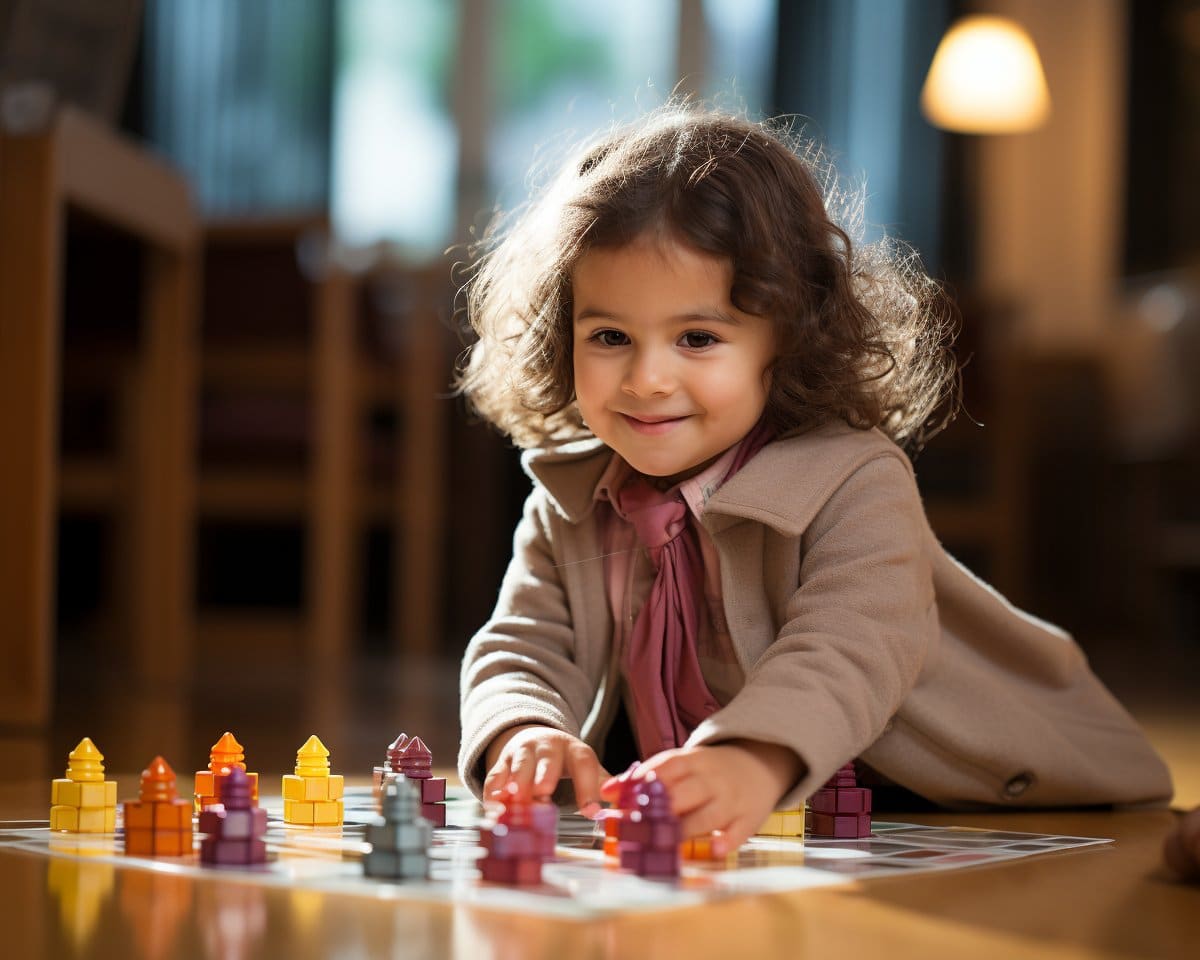 Une petite fille jouant aux échecs par terre.