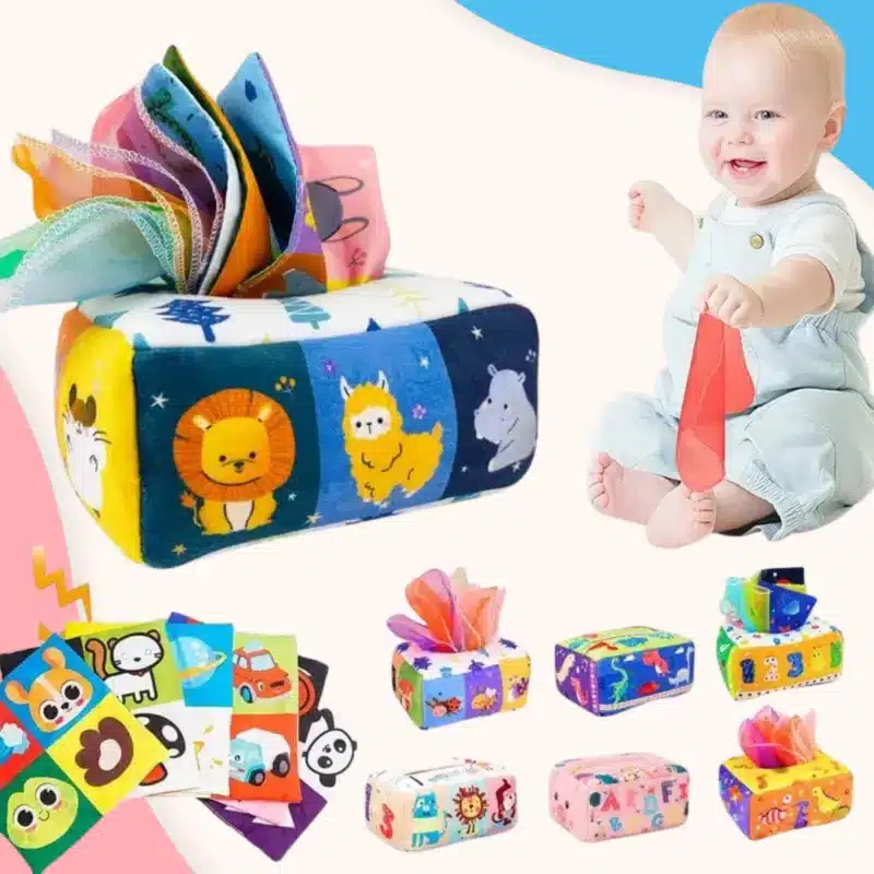 La Boîte à Mouchoirs Magique présente des boîtes à jouets colorées avec de jolis motifs d'animaux et des mouchoirs en tissu, avec un bébé souriant tenant un mouchoir rouge. D'autres distributeurs de mouchoirs similaires sont présentés en bas de page.