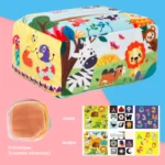 La Boîte à Mouchoirs Magique présente des dessins animés ludiques et est présentée sous plusieurs angles, avec 10 foulards de couleurs assorties dans le coin inférieur gauche.