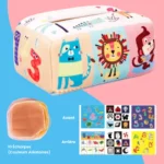 La Boîte à Mouchoirs Magique est une boîte à jouets rectangulaire avec des motifs d'animaux comme le chat, le lion et le singe. Elle comprend 10 écharpes et présente différents motifs d'impression.