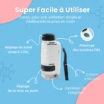 Microscope de Poche pour Enfant - Portable, grossit jusqu'à 120x avec zoom et mise au point réglables, éclairage LED intégré, dragonne et instructions en français—idéal pour les petits explorateurs curieux.