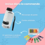 Le Microscope de Poche pour Enfant - Portable - Grossis jusqu'à 120x est livré avec une dragonne et 12 lames d'échantillons ; les fonctionnalités étiquetées et les éléments bonus sur fond bleu-rose le rendent idéal pour tout enfant curieux.
