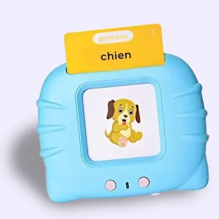 Un jouet bleu avec une photo d'un chien dessus.