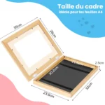 Open wooden frame, Taille A4, idéal pour stocker et exposer 150 dessins d'enfant. Cadre pour dessins d'enfant affiché sur fond coloré avec texte français ; dimensions internes et externes en cm.