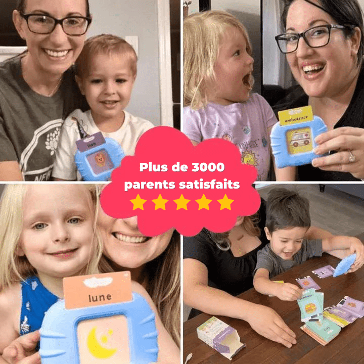 Quatre mères et leurs enfants interagissent avec des jouets éducatifs conçus pour enseigner les premiers mots. Un graphique central indique « Plus de 3000 parents satisfaits » avec une note de cinq étoiles.
