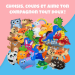 Une pile de peluches colorées en feutre se détache sur un fond rose et bleu. Idéal comme Kit de Couture Enfants - Porte-clés à Faire Soi-Même en Sécurité ! "CHOISIS, COUDS ET AIME TON COMPAGNON TOUT DOUX !" apparaît en haut.