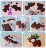 Guide étape par étape pour réaliser un ours en peluche en feutrine : découpez les formes, cousez les bords, rembourrez et fixez les oreilles et les yeux. L'ourson terminé arbore un sourire et une décoration végétale, idéal pour un Porte-clés à Faire Soi-Même Sans se piquer le doigt de la série Kit de Couture Enfants.