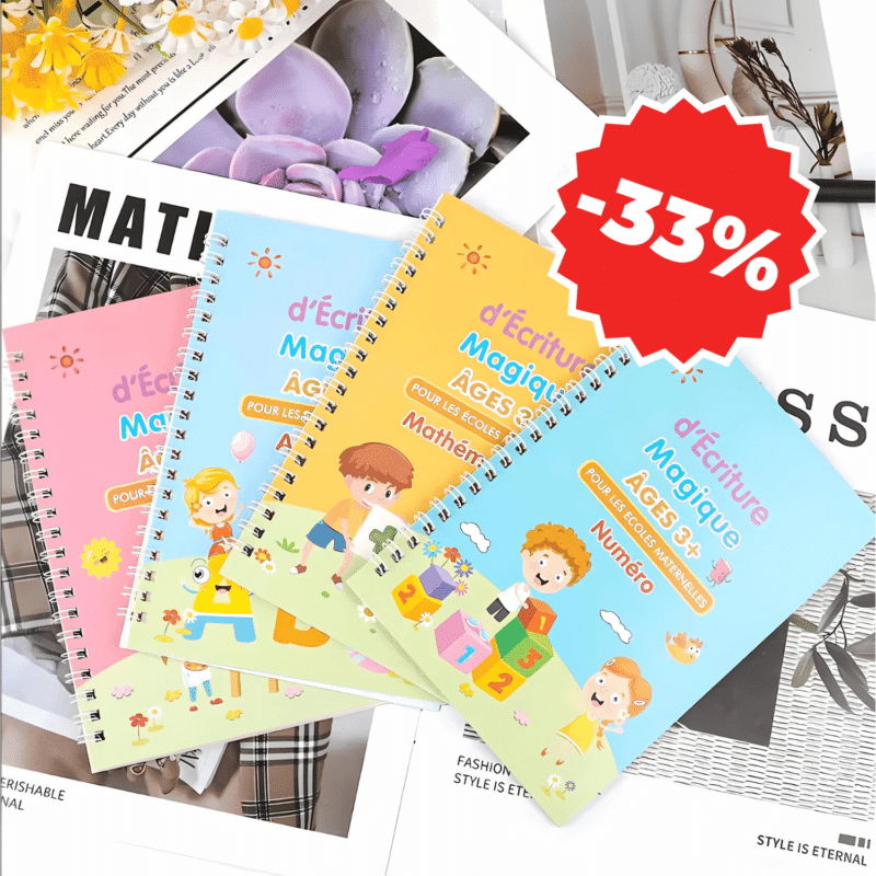 Quatre cahiers pédagogiques colorés, faisant partie du Kit Sensoriel, sont disposés en éventail sur un magazine. Un badge rouge met en valeur une remise de « -33% », ce qui en fait une offre irrésistible pour les parents et les éducateurs.