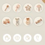 Le Coffret naissance hochets bois propose de charmants jouets en bois pour bébé comme des hochets, des anneaux de dentition, une voiture et un train. Les icônes mettent en valeur le toucher, la conception adaptée aux bébés, la durabilité et le son, le tout fabriqué de manière experte à partir de bois de première qualité.