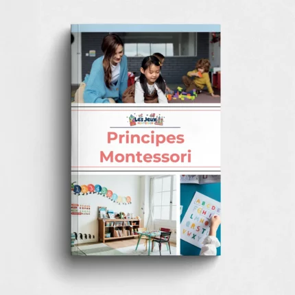 Couverture de livre pour « Guide Principes Montessori » avec des images vibrantes d'enfants impliqués dans des activités éducatives, capturant l'essence des principes Montessori.