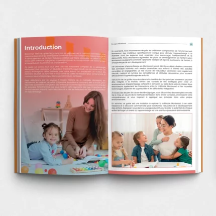 Ouvrez la brochure Guide Principes Montessori comportant une photo d'une femme et d'enfants engagés dans une activité. La page « Introduction » fournit des guides sur les principes essentiels de Montessori.