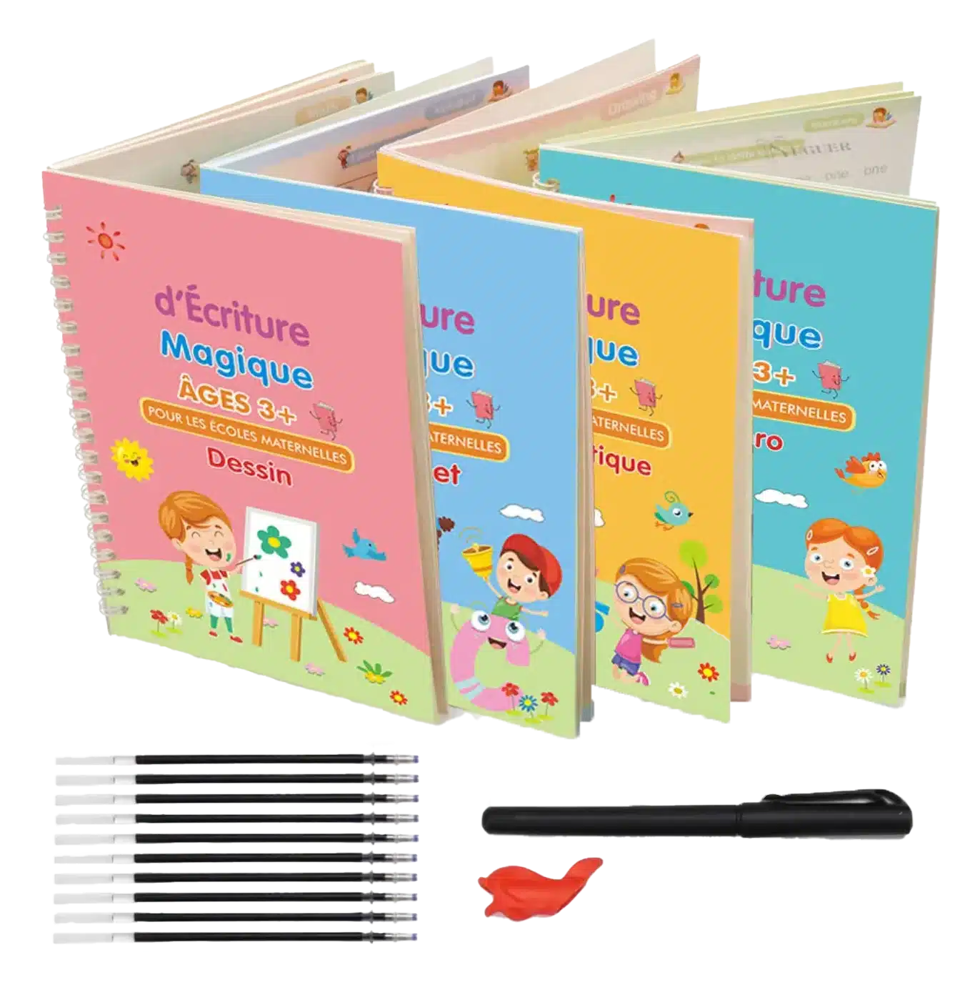 Une collection dynamique de livres éducatifs pour enfants, intitulée « d'Écriture Magique », est accompagnée d'un Kit Sensoriel, comprenant un ensemble de stylos noirs et une poignée de stylo rouge confortable à côté d'eux.