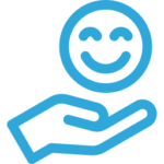 Un contour bleu d'une main tient délicatement une icône de visage souriant, rappelant l'essence nourrissante trouvée dans un Kit Sensoriel.