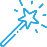 Illustration d'une baguette magique bleue avec une pointe en forme d'étoile et des paillettes, parfaite pour ajouter une touche d'enchantement à n'importe quel Kit Sensoriel.
