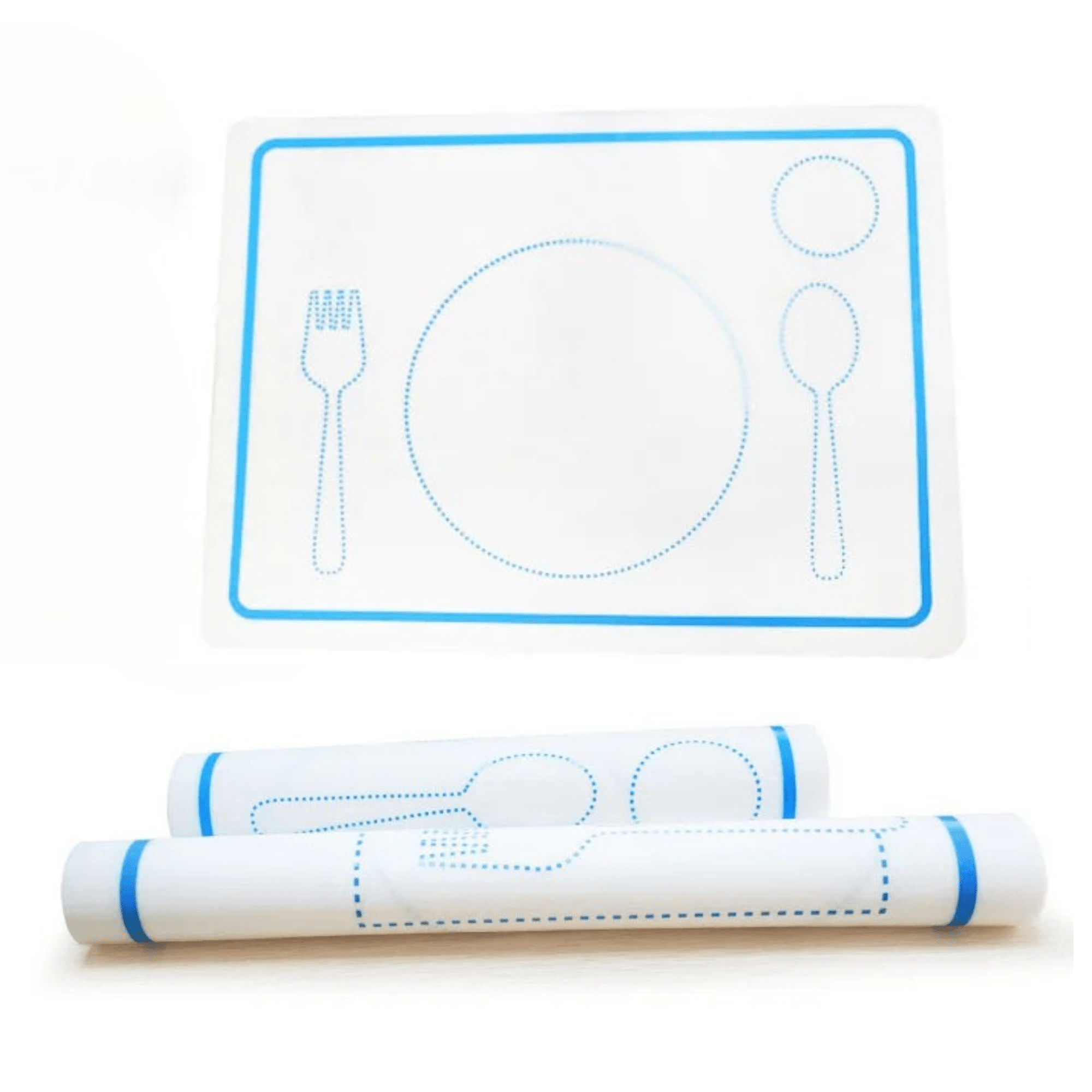 Le set de table Montessori A Set de Table présente un motif blanc avec des contours en pointillés bleus représentant des ustensiles et des assiettes. Deux sets de table enroulés supplémentaires sont inclus, parfaits pour un apprentissage interactif au moment des repas. Le set de table Montessori A Set de Table présente un motif blanc avec des contours en pointillés bleus représentant des ustensiles et des assiettes. Deux sets de table enroulés supplémentaires sont inclus, parfaits pour un apprentissage interactif au moment des repas.