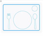 Le « Set de table Montessori » présente des contours en pointillés bleus d'une assiette à dîner, d'une fourchette, d'une cuillère et de deux cercles plus petits sur un set de table pour une table pédagogique.