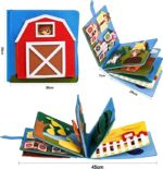 Trois images du livre d'activités en tissu "Livre Montessori la ferme des animaux" présentent un motif sur le thème de la ferme avec des puzzles interactifs sur les animaux. Le livre mesure 20 cm x 20 cm lorsqu'il est fermé et s'étend jusqu'à 45 cm lorsqu'il est ouvert.