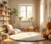 Chambre d'enfant chaleureuse avec bibliothèque pour l'apprentissage du vocabulaire essentiel avant 3 ans, peluches, tapis rond et fenêtre ornée de plantes. Tons neutres et lumière naturelle créent une atmosphère chaleureuse.