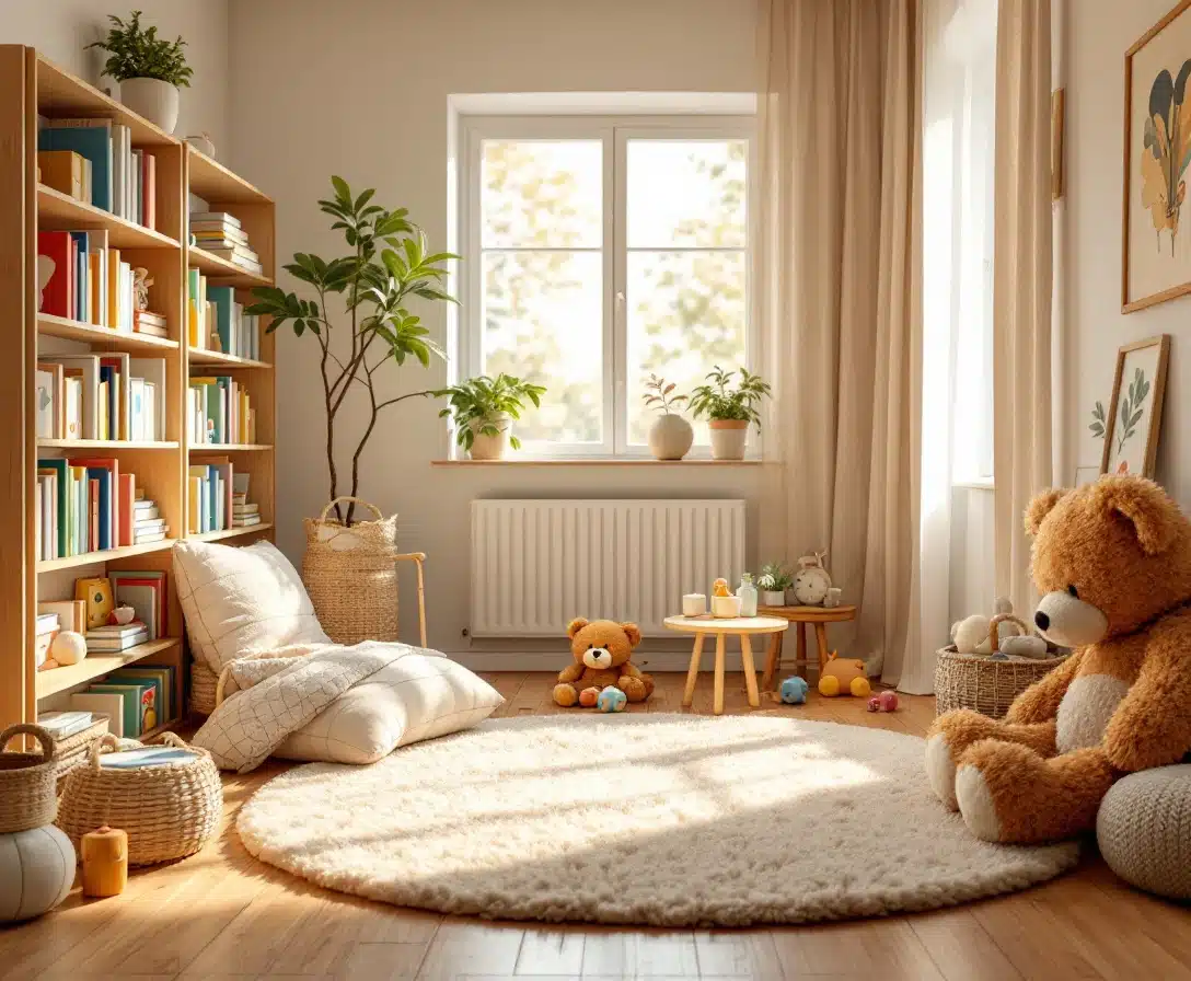 Chambre d'enfant chaleureuse avec bibliothèque pour l'apprentissage du vocabulaire essentiel avant 3 ans, peluches, tapis rond et fenêtre ornée de plantes. Tons neutres et lumière naturelle créent une atmosphère chaleureuse.
