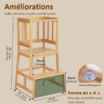Découvrez la Tour d'observation Montessori, une structure de sécurité pour enfant en bois avec grille anti-chute et patins antidérapants. Sa conception stable en forme de A mesure 89,3 cm de haut, 45 cm de large et 25 cm de profondeur. Livré avec un bloc de gros plan comportant un texte en français pour plus d'authenticité.