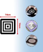 Trois images montrent quelqu'un utilisant la carte d'image pour bébé Jouet Montessori, comportant une carte d'art noire de 14 cm sur 14 cm avec des cercles concentriques et des lignes, idéale pour une exploration visuelle précoce.