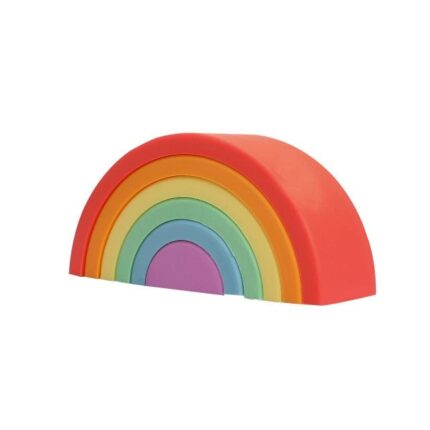 Un arc-en-ciel Montessori coloré composé de six pièces empilées et incurvées, de couleurs rouge, orange, jaune, vert, bleu et violet, en silicone sûr. Cet « arc-en-ciel » stimule la créativité et l'apprentissage pendant les moments de jeu.