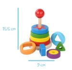 Jouet empilable coloré, Pyramide de formes – Jouet encastrement en bois Montessori, mesure 15,5 cm de haut et 9 cm de large avec des formes géométriques comme un cercle, un hexagone et un triangle de différentes couleurs.