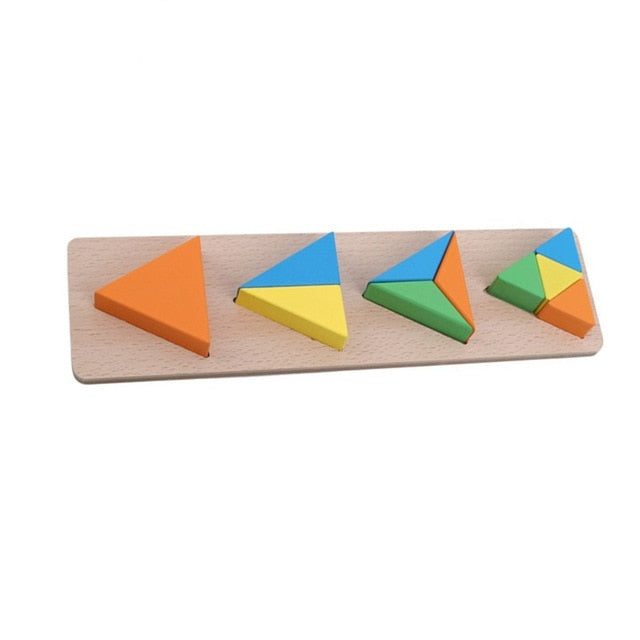 Le Puzzle préscolaire – Formes triangulaires colorées est un plateau de puzzle en bois avec quatre formes triangulaires vibrantes de différentes tailles et motifs qui captivent les jeunes esprits.
