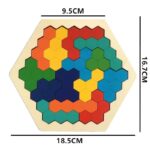 Le puzzle Tangram en Bois – Hexagone est composé de pièces vibrantes qui s’emboitent de dimensions de 9,5 cm, 16,7 cm et 18,5 cm.