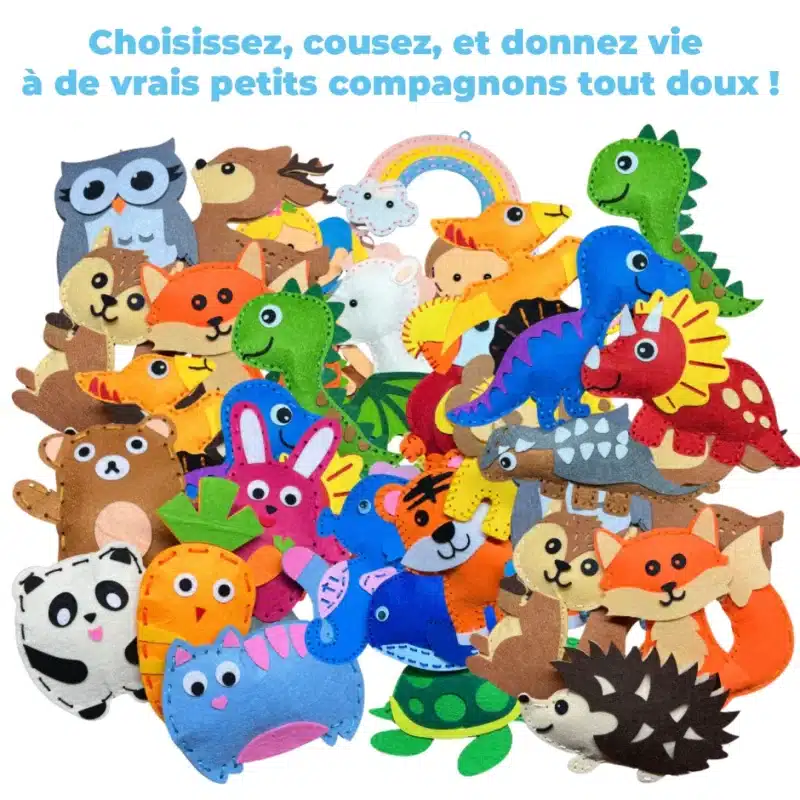 Une collection de découpes d'animaux en feutre colorés, dont des dinosaures, un hibou, un panda et un arc-en-ciel, enchantera vos invités avec un texte en français encourageant la création de ces compagnons. Parfait pour les bricoleurs qui aimeraient aussi organiser leurs créations avec une boîte à outils à portée de main.