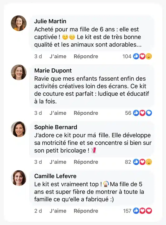 Capture d'écran de quatre commentaires Facebook vantant le kit créatif pour enfants. Les utilisateurs le qualifient d'aussi attrayant qu'une boîte à outils, soulignant sa qualité et son utilité pour le développement des compétences.