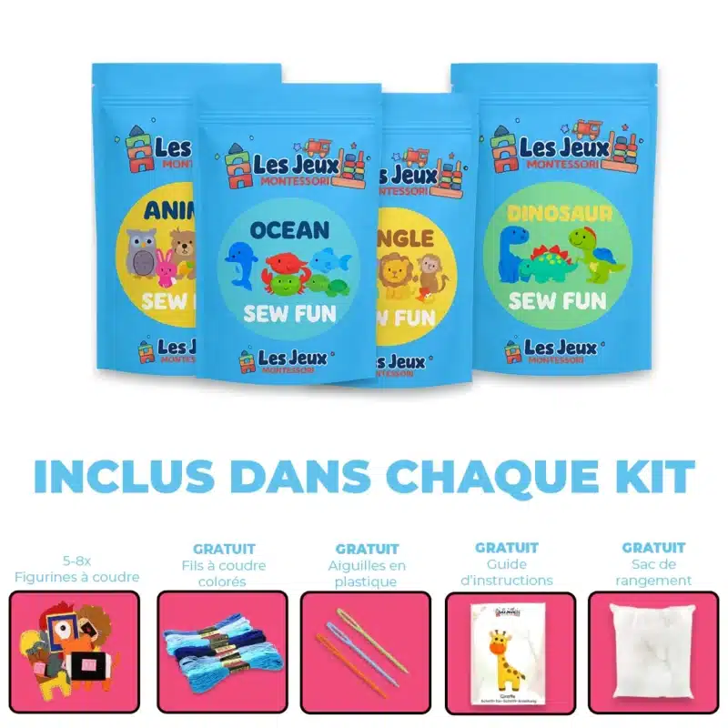 Quatre kits intitulés « Coudre l'océan », « Coudre la jungle », « Coudre les dinosaures » et « Coudre les animaux ». Chacun comprend des figurines, des fils colorés, des aiguilles en plastique, des instructions et un sac pratique, véritable boîte à outils pour les esprits créatifs.