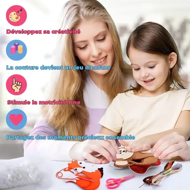 Une femme et un enfant s'adonnent à une activité de couture. Le texte en français met l'accent sur la créativité, la simplicité et le plaisir de passer de précieux moments ensemble. Les fournitures sont soigneusement rangées comme des outils dans une boîte à outils, mettant en valeur la motricité fine.