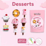 Un kit de couture rose intitulé « Desserts » comprend huit peluches de dessert en feutre, dont des cupcakes, des beignets et des sucettes glacées, avec des ciseaux, du fil, une illustration d'aiguille et constitue un joli Kit de Couture Enfants pour les enfants créatifs.