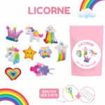 Un Kit de Couture Enfants "Licorne" avec une trousse rose et des créations en feutrine colorées, dont des licornes, étoiles, arcs-en-ciel, cœur, couronne et nuage. Inclut aussi des outils de couture et des Porte-clés à Faire Soi-Même.