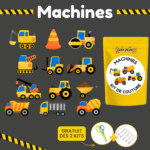 Des véhicules et équipements de construction illustrés sont présentés à côté d'un kit de couture jaune étiqueté « Machines Kit de Couture Enfants », comportant des images de ciseaux, d'aiguilles à coudre et de Porte-clés à Faire Soi-Même amusants à faire soi-même.