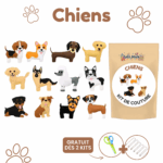Illustration de diverses figurines de chiens en feutre avec un emballage "Chiens Kit de Couture". Des icônes de ciseaux, de fil et d'aiguilles sont présentées, avec des empreintes de pattes en arrière-plan, parfaites comme un Porte-clés à Faire Soi-Même ou un Kit de Couture Enfants d'Animaux.